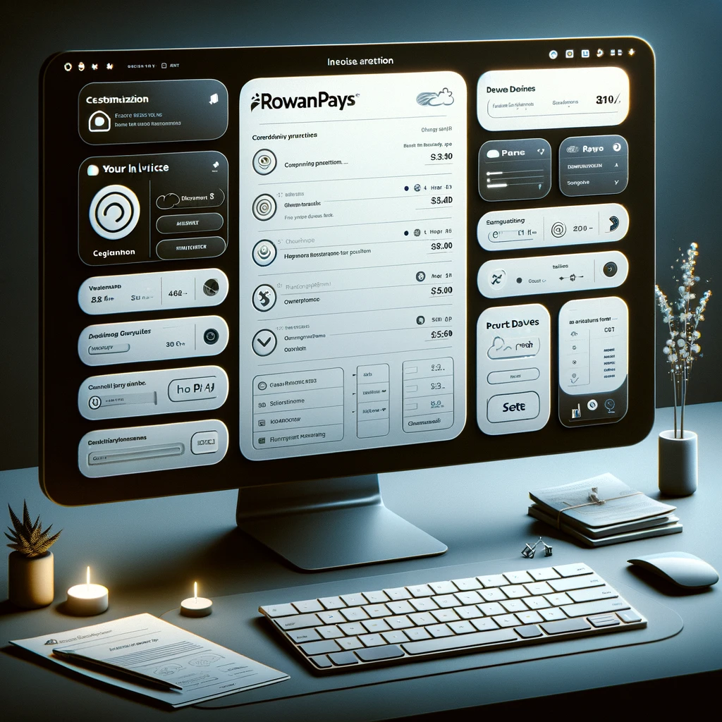 DALL·E 2024-02-11 15.39.35 - Visualize a sleek, user-friendly interface for creating customized invoices, tailored to the brand identity of 'Rowanpays'. The scene showcases a comp